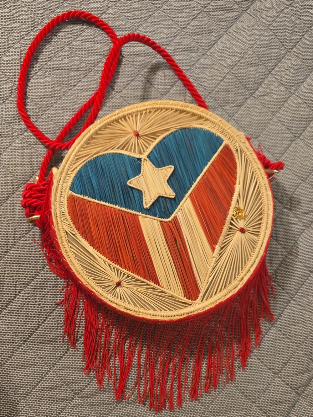 Round Woven Fringe Crossbody Bag with Puerto Rico Flag